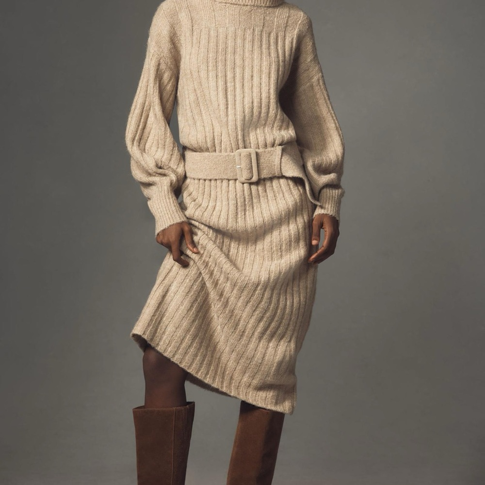New Anthropologie Long-Sleeve Turtleneck Belted Sweater Midi Dress